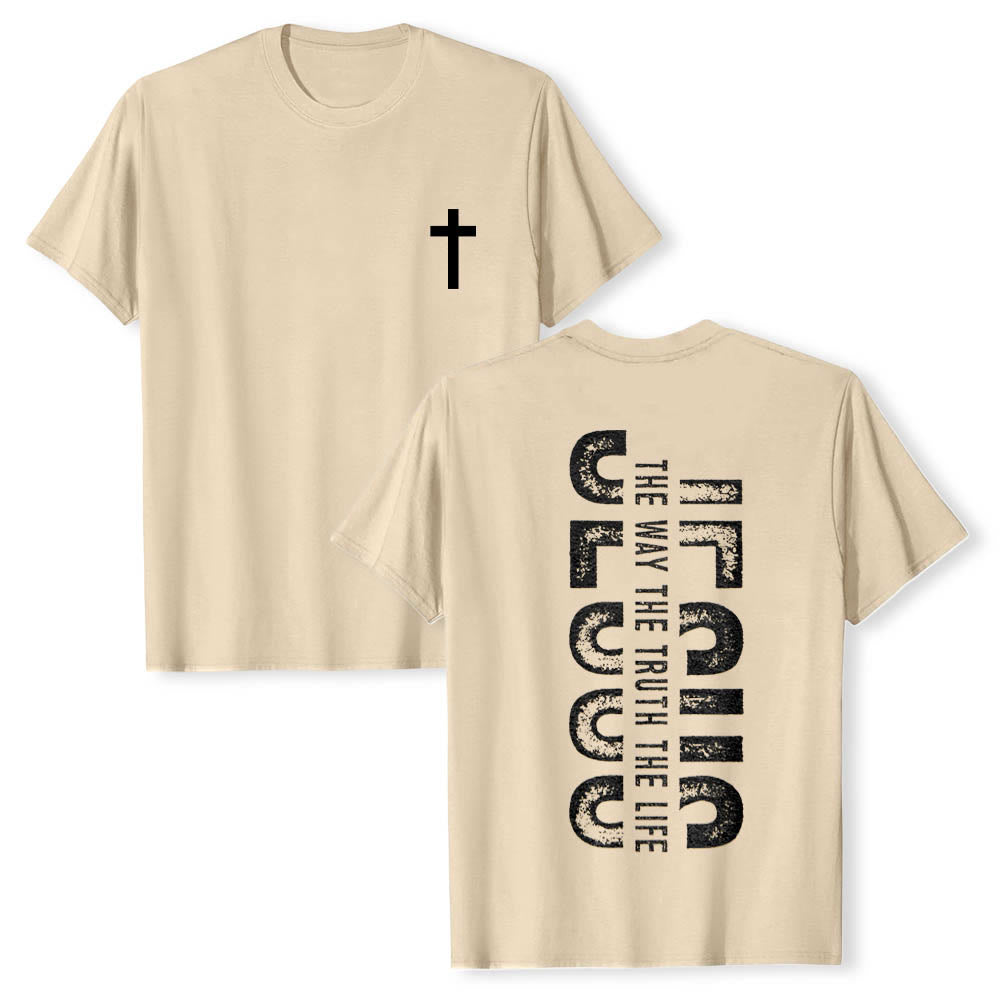 Christianartworkshop Front Cross Back Vertical Distressed JESUS The Way The Truth The Life Premium Short Sleeve T-Shirt - Beige - 2XL - image 18