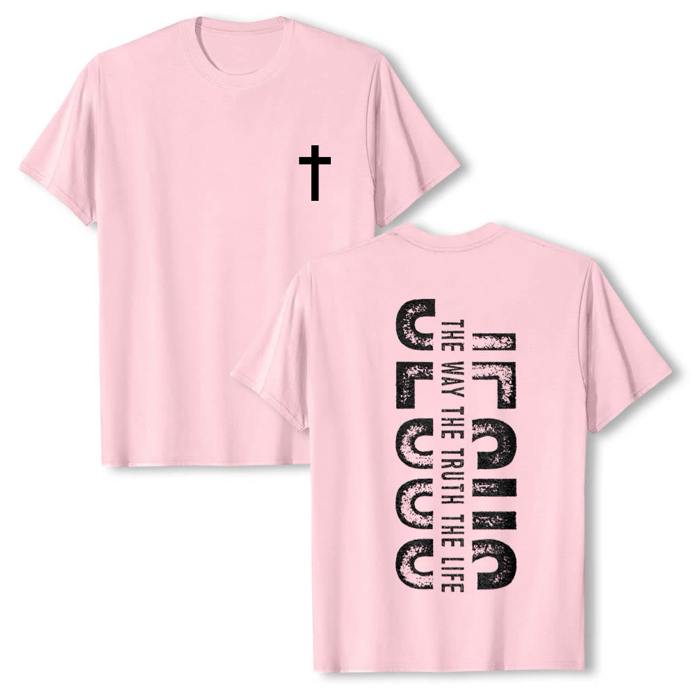 Christianartworkshop Front Cross Back Vertical Distressed JESUS The Way The Truth The Life Premium Short Sleeve T-Shirt - Pink - 2XL - image 24