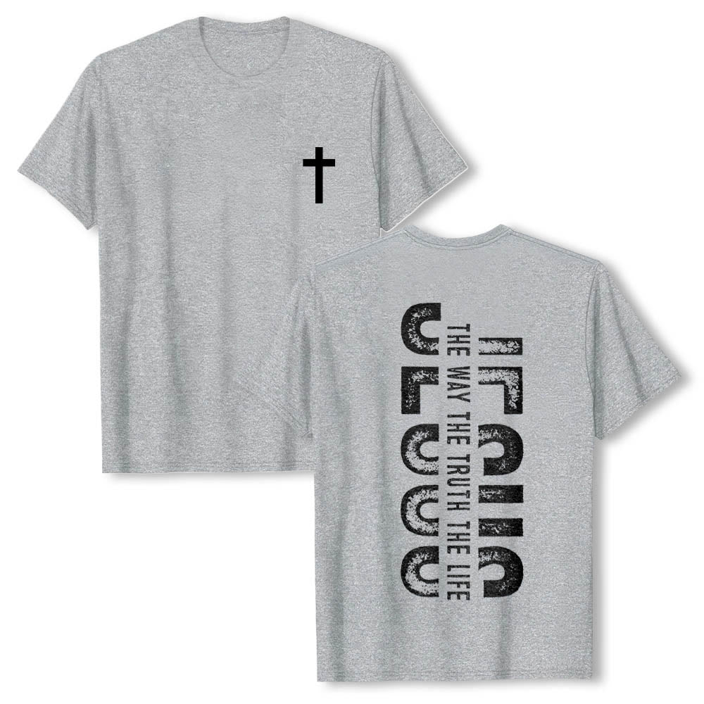 Christianartworkshop Front Cross Back Vertical Distressed JESUS The Way The Truth The Life Premium Short Sleeve T-Shirt - Grey - 2XL - image 0