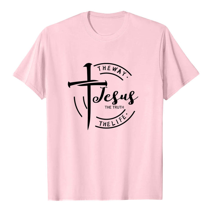 Christianartworkshop Brush Stroke Cross Circular Frame Jesus The Way The Truth The Life Premium Short Sleeve T-Shirt - Pink - 2XL - image 24