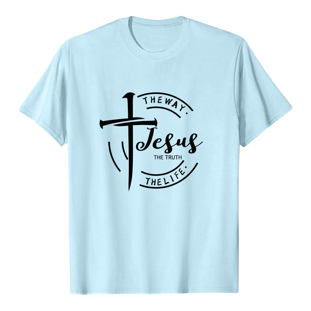 Christianartworkshop Brush Stroke Cross Circular Frame Jesus The Way The Truth The Life Premium Short Sleeve T-Shirt - Blue - 2XL - image 9