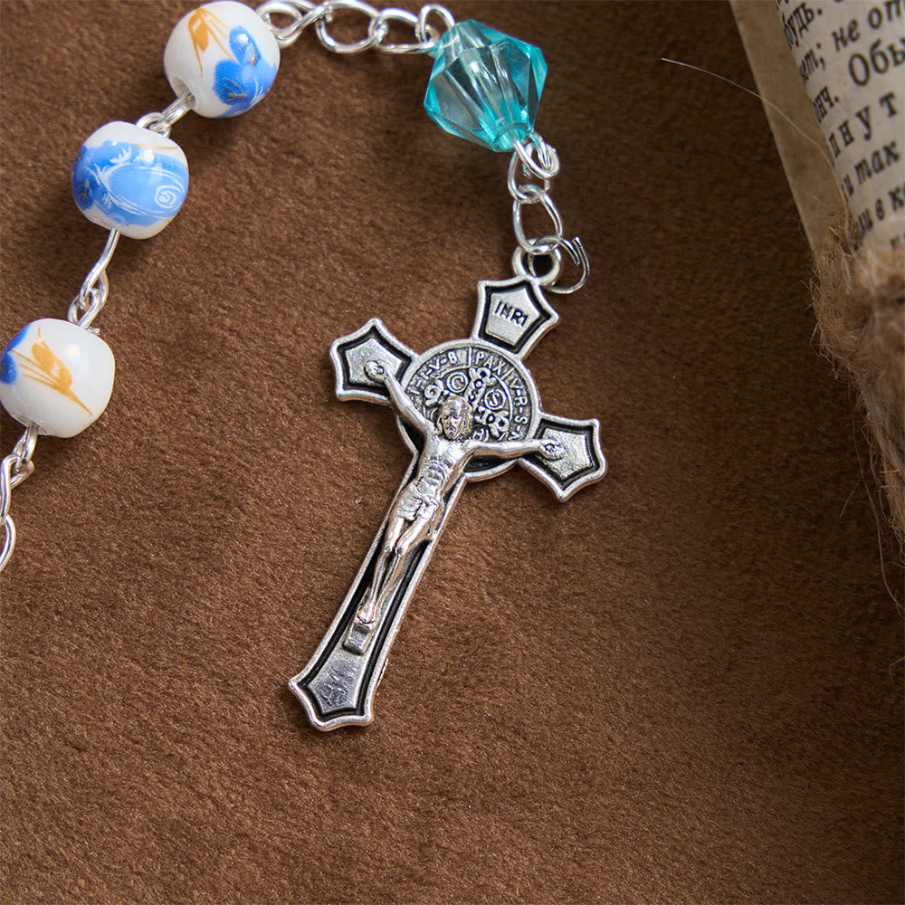Christianartworkshop Soft Blue Floral Ceramic Bead Aqua Spacer Our Lady Crucifix Rosary - image 8