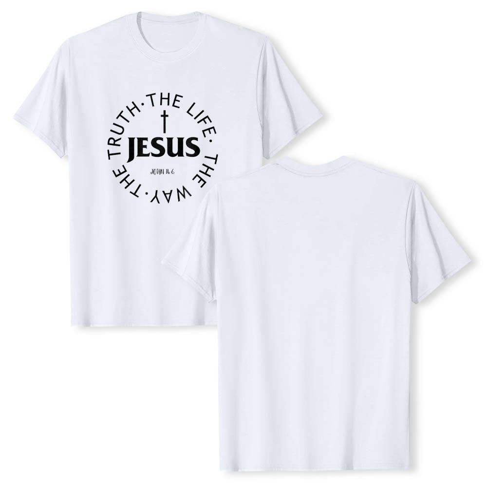 Christianartworkshop Centered Cross JESUS Circular Curved Verse Text John 14:6 Premium Short Sleeve T-Shirt - image 7