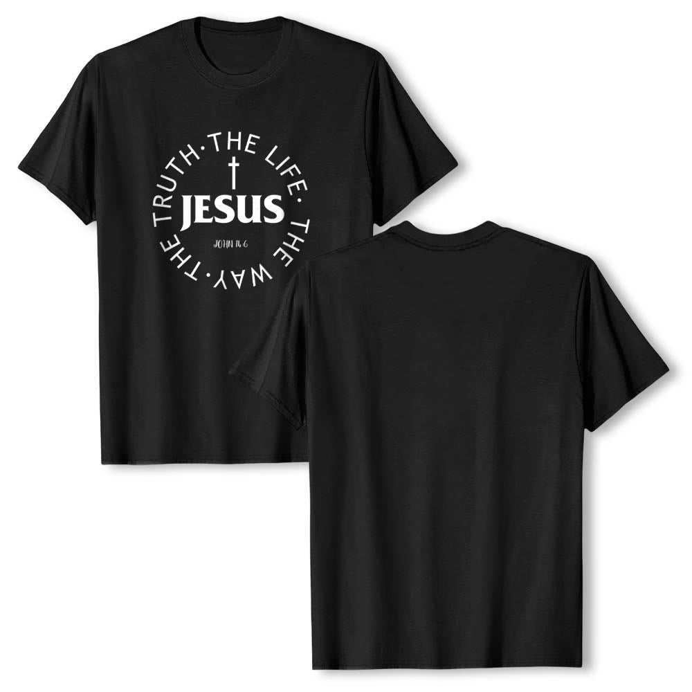 Christianartworkshop Centered Cross JESUS Circular Curved Verse Text John 14:6 Premium Short Sleeve T-Shirt - image 19