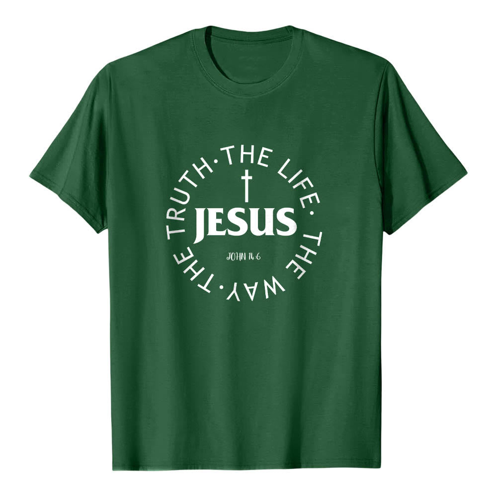 Christianartworkshop Centered Cross JESUS Circular Curved Verse Text John 14:6 Premium Short Sleeve T-Shirt - Dark Green - 2XL - image 9