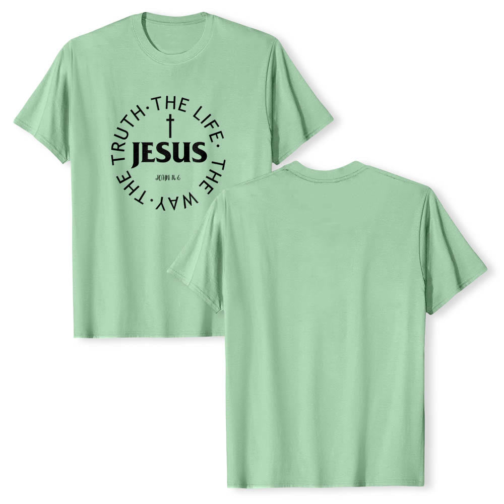 Christianartworkshop Centered Cross JESUS Circular Curved Verse Text John 14:6 Premium Short Sleeve T-Shirt - image 22