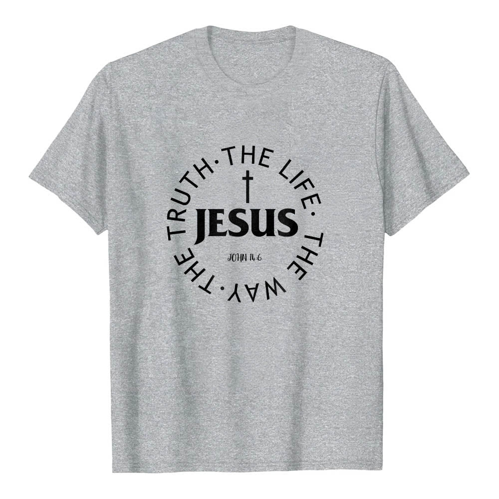 Christianartworkshop Centered Cross JESUS Circular Curved Verse Text John 14:6 Premium Short Sleeve T-Shirt - Grey - 2XL - image 3