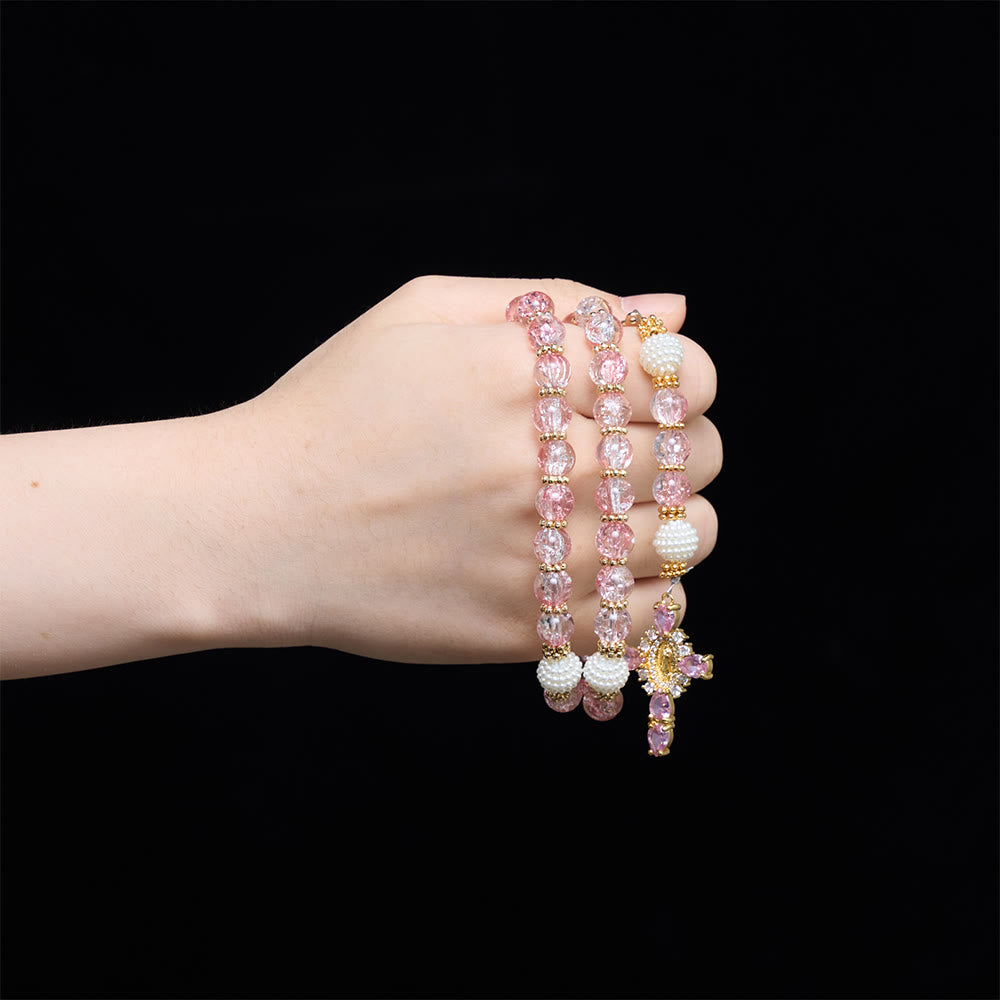 Christianartworkshop Glossy Transparent Crackle Glass Pink Tone Our Lady Accent Devotional Rosary - image 1