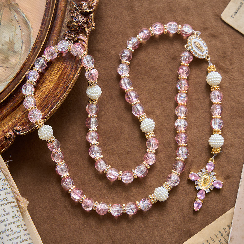 Christianartworkshop Glossy Transparent Crackle Glass Pink Tone Our Lady Accent Devotional Rosary - image 4