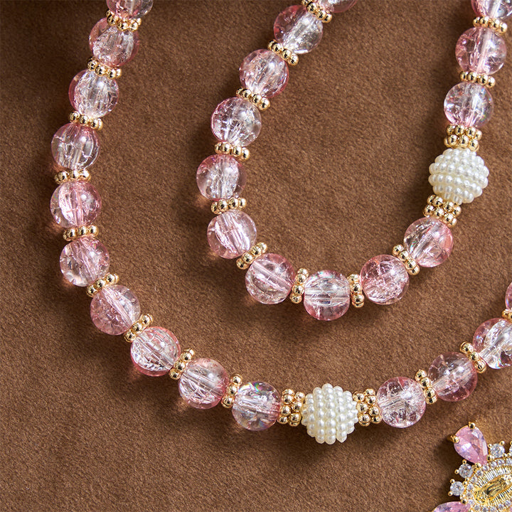 Christianartworkshop Glossy Transparent Crackle Glass Pink Tone Our Lady Accent Devotional Rosary - image 6