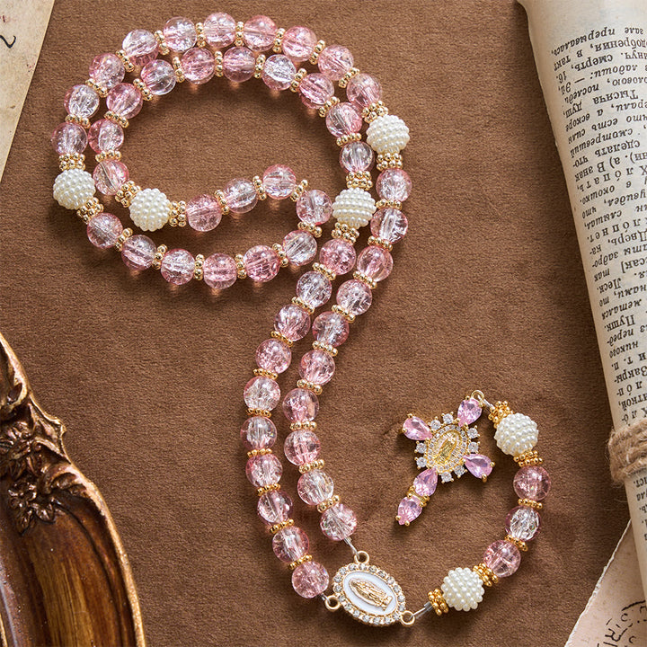 Christianartworkshop Glossy Transparent Crackle Glass Pink Tone Our Lady Accent Devotional Rosary - image 3