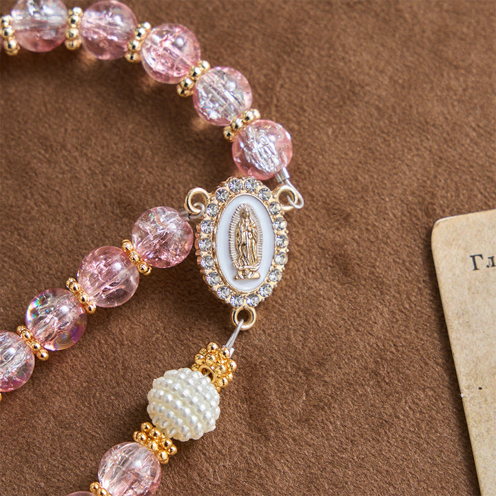 Christianartworkshop Glossy Transparent Crackle Glass Pink Tone Our Lady Accent Devotional Rosary - image 7