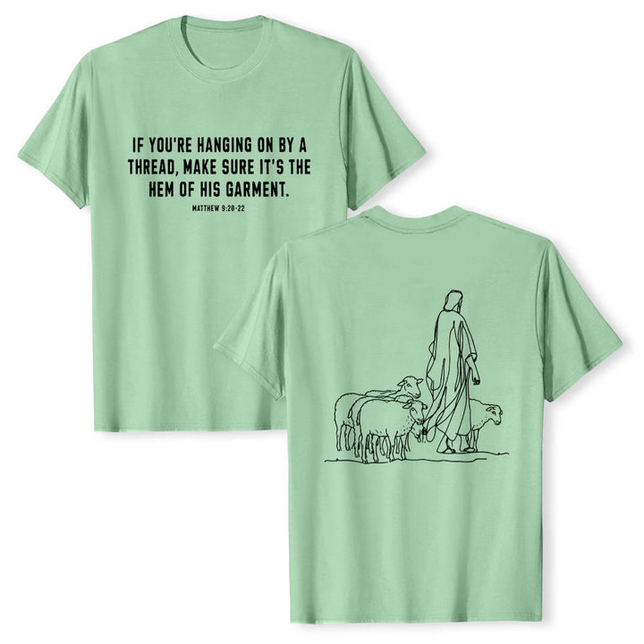 Christianartworkshop If You're Hanging On By A Thread Matthew 9:22 Front Shepherd & Sheep Drawing Back Premium Short Sleeve T-Shirt - Light Green - 2XL - image 21