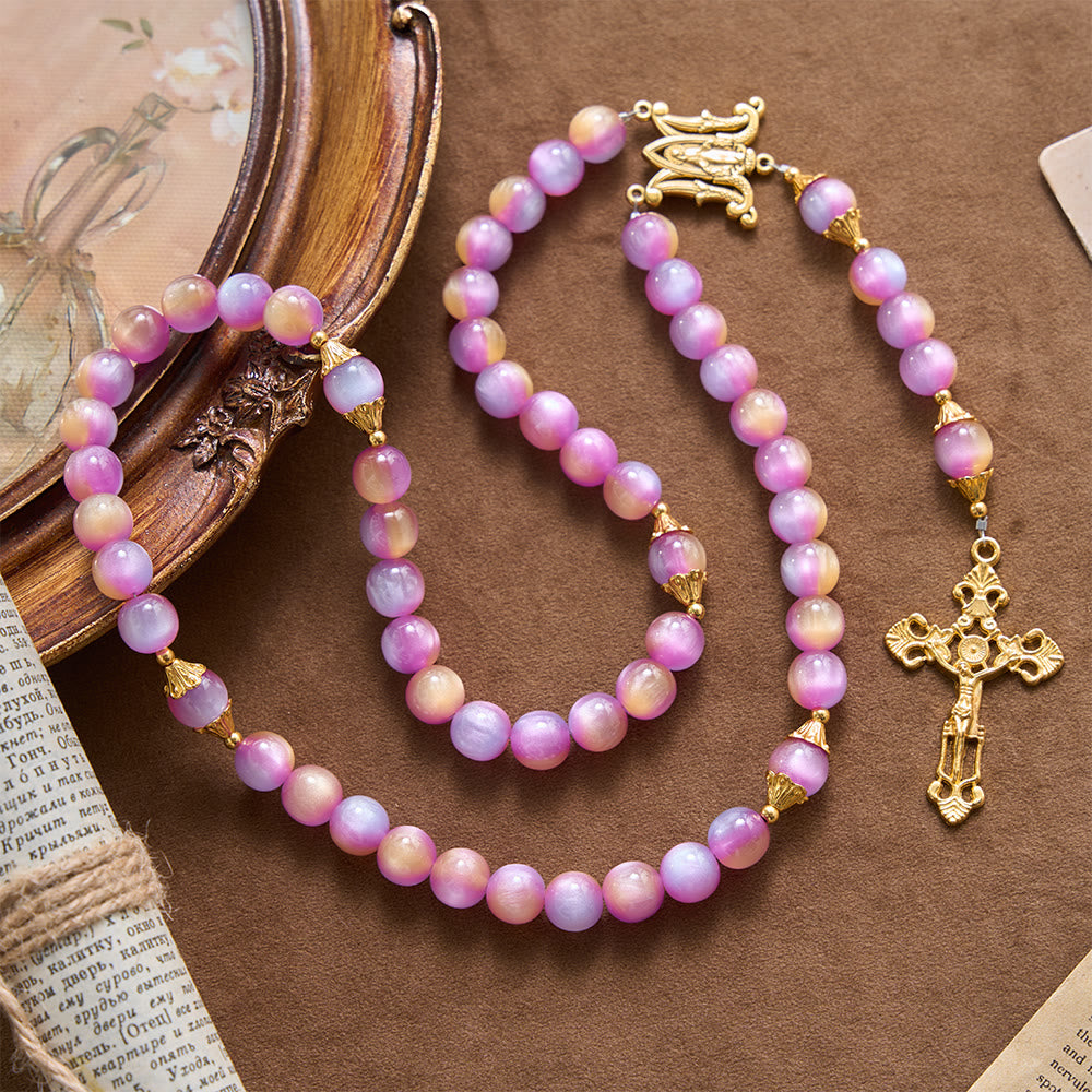 Christianartworkshop Gradient Iridescent Cat’s Eye Bead Crucifix & Arched Our Lady Prayer Rosary - Dreamy Purple Gradient Rosary - image 0