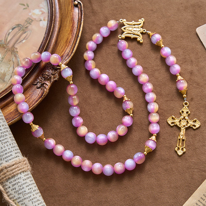Christianartworkshop Gradient Iridescent Cat’s Eye Bead Crucifix & Arched Our Lady Prayer Rosary - Dreamy Purple Gradient Rosary - image 0