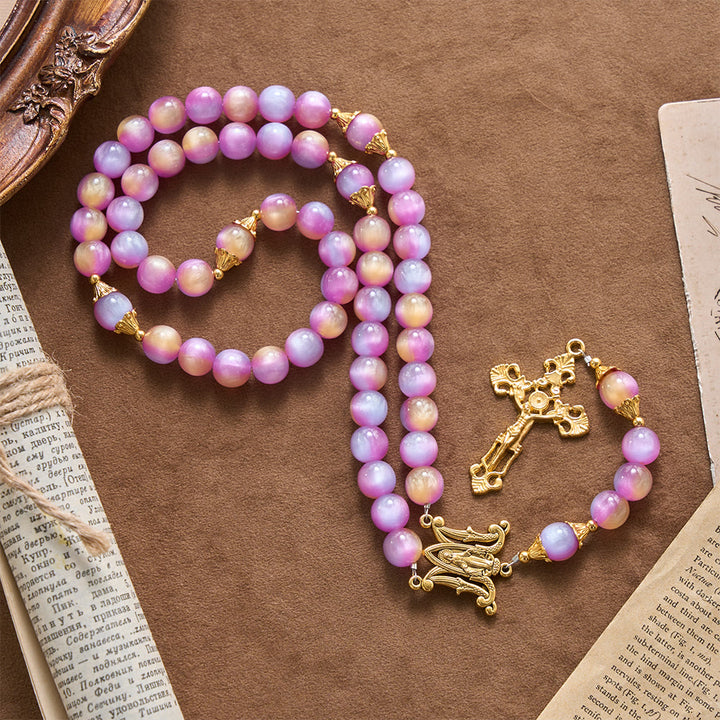 Christianartworkshop Gradient Iridescent Cat’s Eye Bead Crucifix & Arched Our Lady Prayer Rosary - image 3
