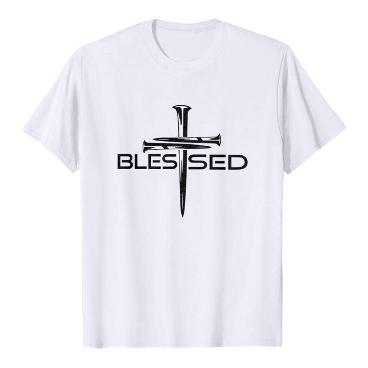 Christianartworkshop Blessed Three Nails Cross Split Bold Block Word Front Print Premium Short Sleeve T-Shirt - White - 2XL - image 12