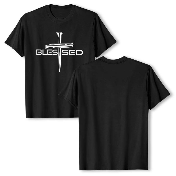 Christianartworkshop Blessed Three Nails Cross Split Bold Block Word Front Print Premium Short Sleeve T-Shirt - image 1