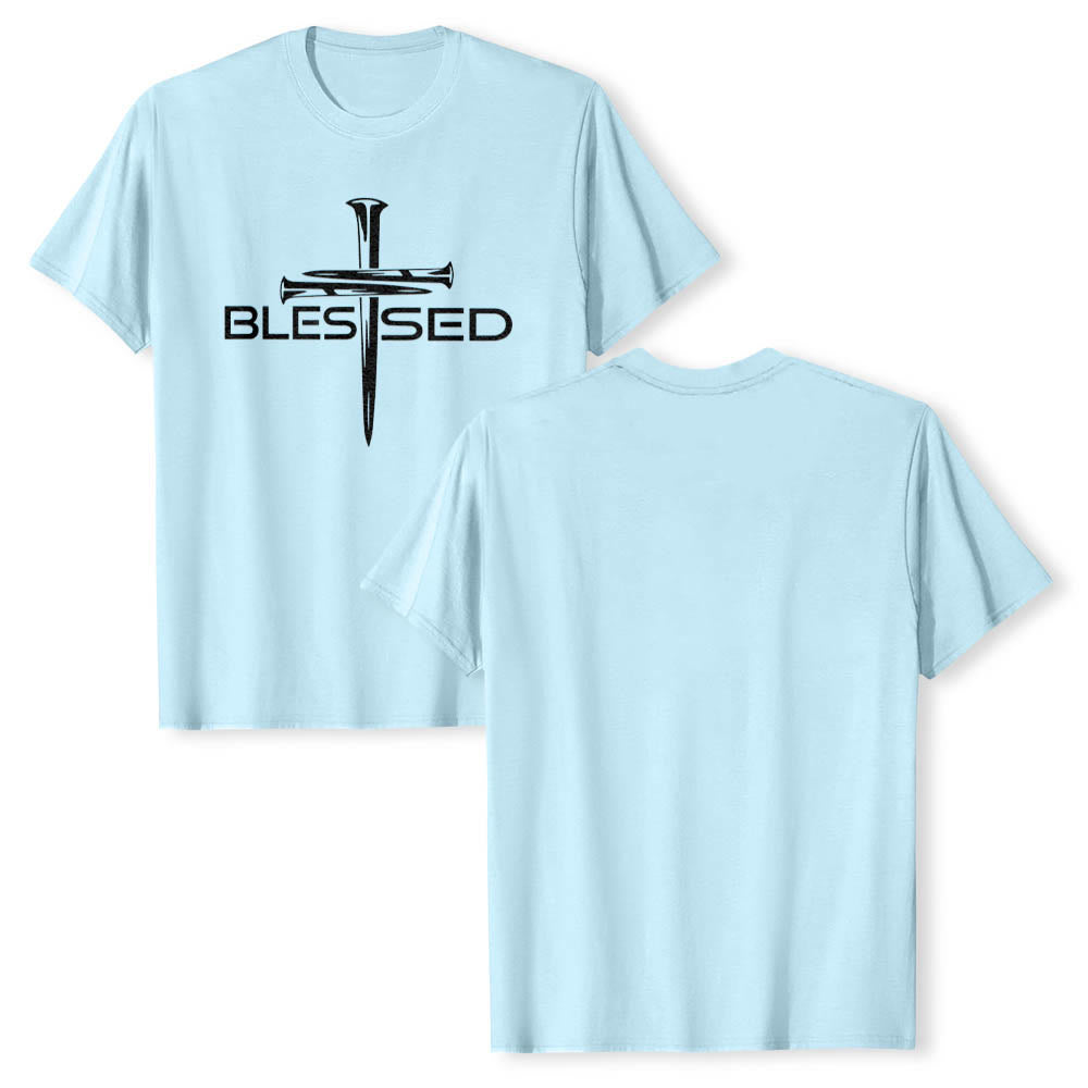 Christianartworkshop Blessed Three Nails Cross Split Bold Block Word Front Print Premium Short Sleeve T-Shirt - image 7