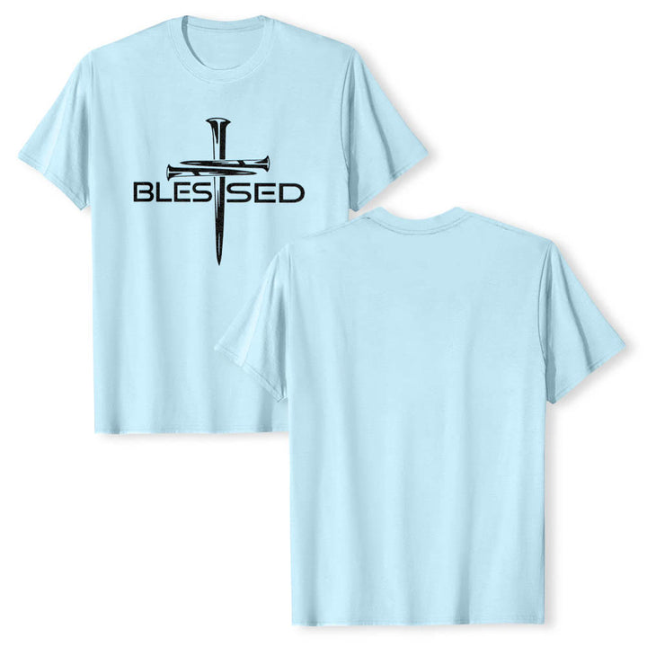 Christianartworkshop Blessed Three Nails Cross Split Bold Block Word Front Print Premium Short Sleeve T-Shirt - image 7