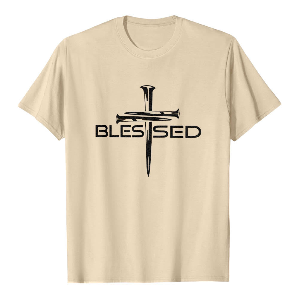 Christianartworkshop Blessed Three Nails Cross Split Bold Block Word Front Print Premium Short Sleeve T-Shirt - Beige - 2XL - image 18