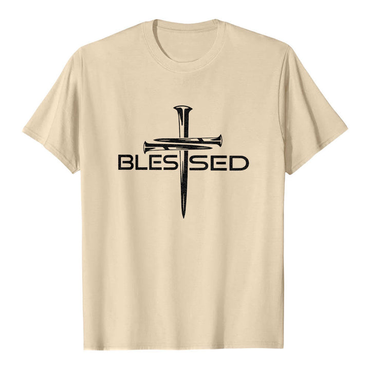 Christianartworkshop Blessed Three Nails Cross Split Bold Block Word Front Print Premium Short Sleeve T-Shirt - Beige - 2XL - image 18