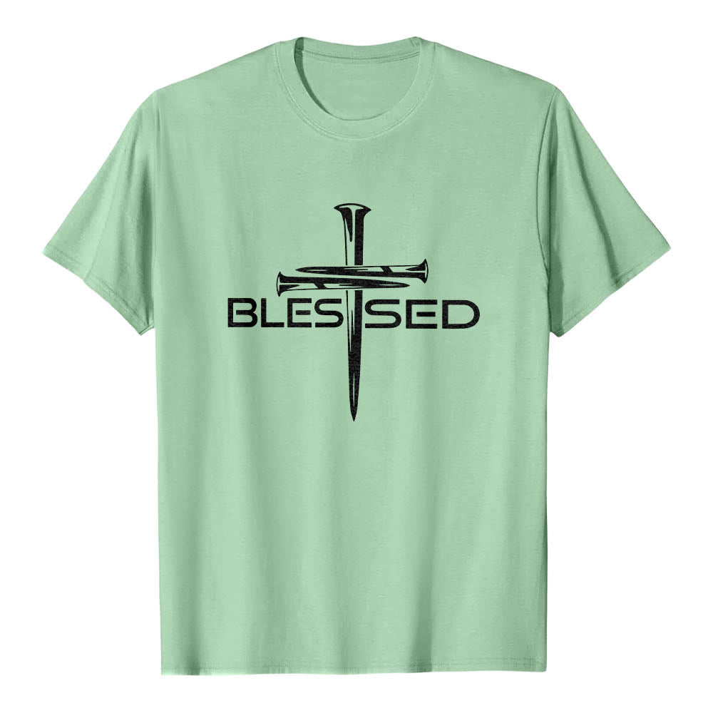 Christianartworkshop Blessed Three Nails Cross Split Bold Block Word Front Print Premium Short Sleeve T-Shirt - Light Green - 2XL - image 21