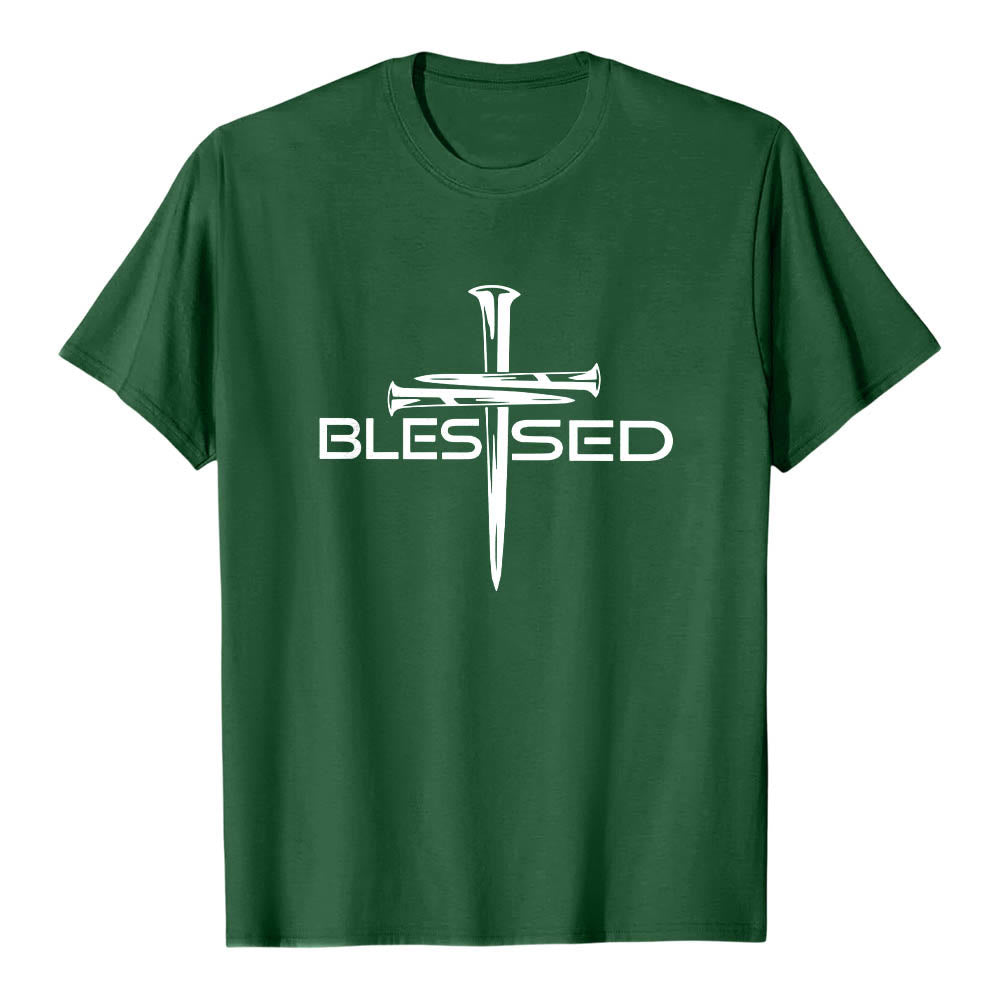 Christianartworkshop Blessed Three Nails Cross Split Bold Block Word Front Print Premium Short Sleeve T-Shirt - Dark Green - 2XL - image 3