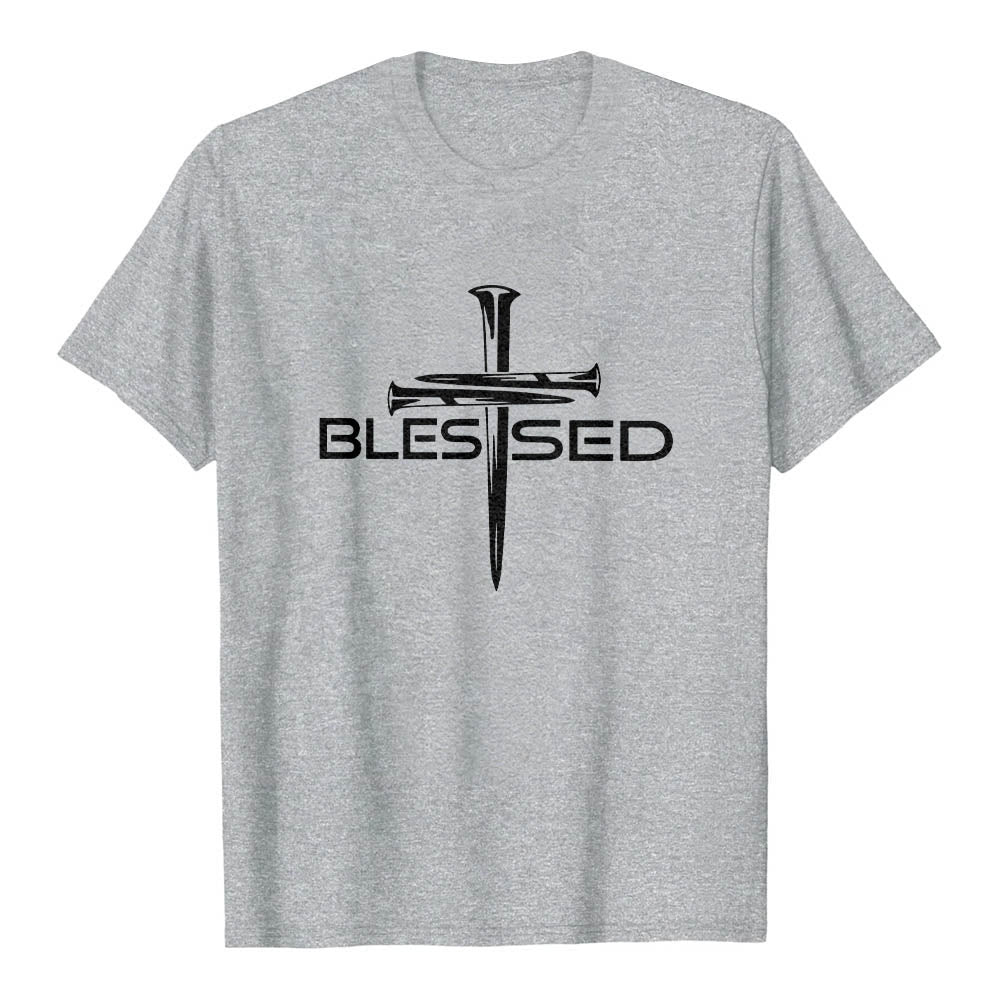 Christianartworkshop Blessed Three Nails Cross Split Bold Block Word Front Print Premium Short Sleeve T-Shirt - Grey - 2XL - image 15
