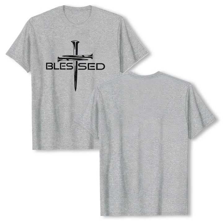 Christianartworkshop Blessed Three Nails Cross Split Bold Block Word Front Print Premium Short Sleeve T-Shirt - image 16