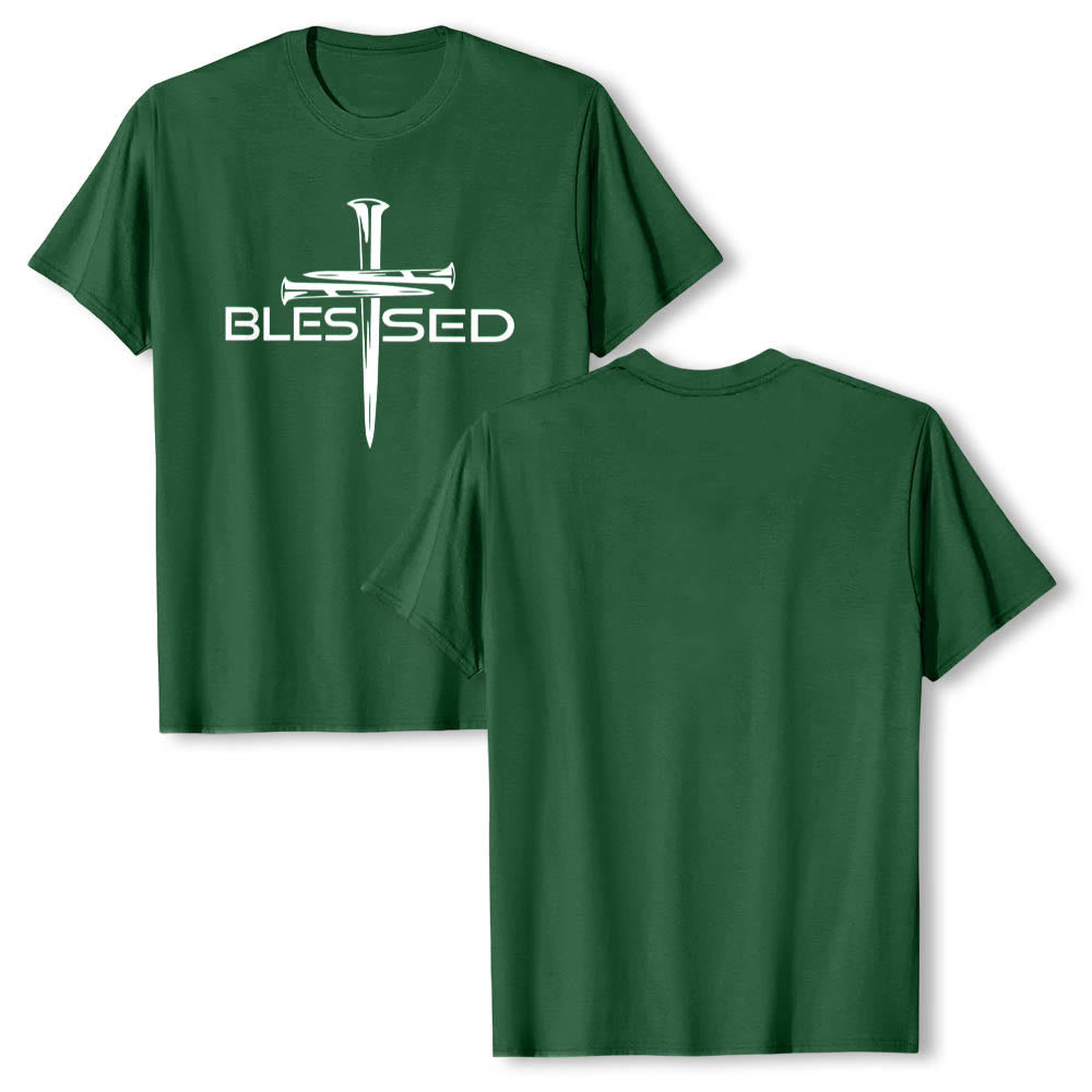 Christianartworkshop Blessed Three Nails Cross Split Bold Block Word Front Print Premium Short Sleeve T-Shirt - image 4