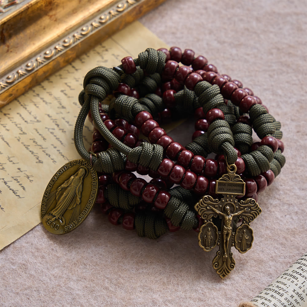 Christianartworkshop 15 Decade Paracord Brown Barrel Bead Miraculous Medal Triple Panel Crucifix Rosary - image 2