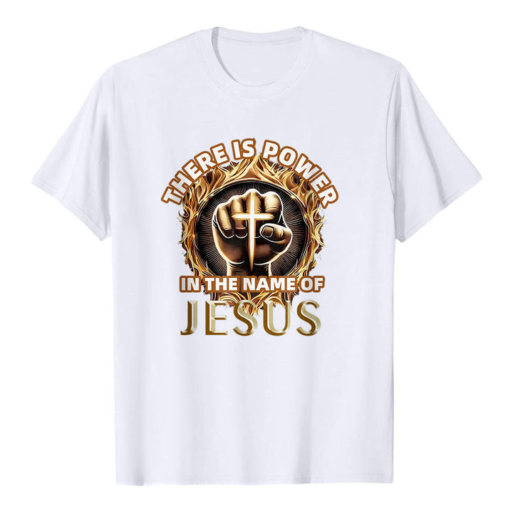 Christianartworkshop There Is Power In The Name Of Jesus Clenched Fist Cross Flame Circular Short Sleeve T-Shirt - White - 2XL - image 3