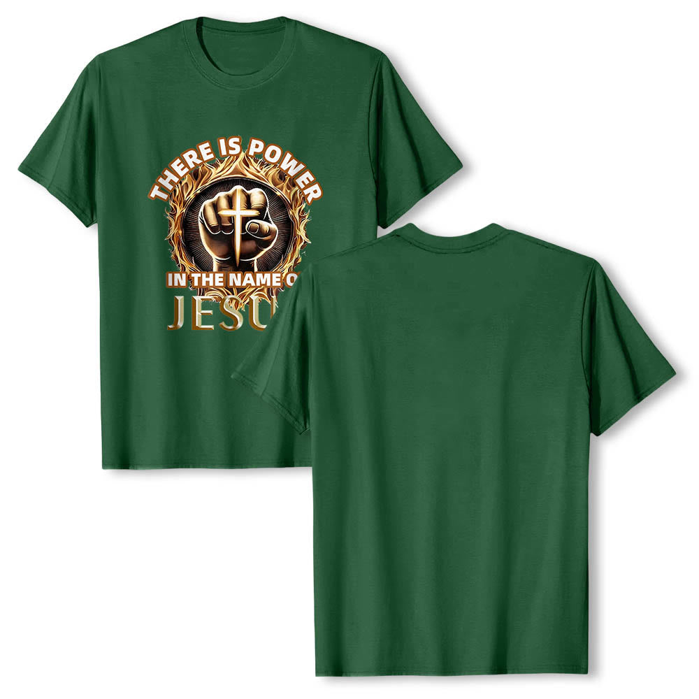 Christianartworkshop There Is Power In The Name Of Jesus Clenched Fist Cross Flame Circular Short Sleeve T-Shirt - image 1