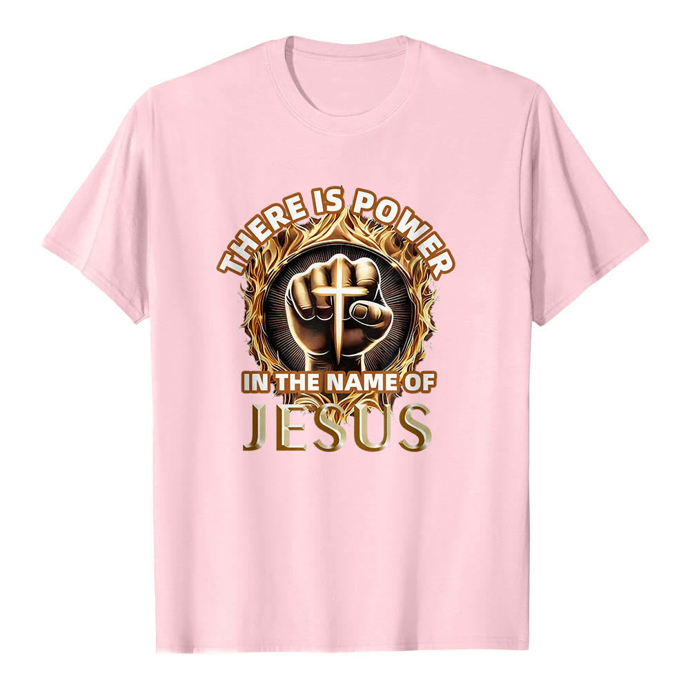 Christianartworkshop There Is Power In The Name Of Jesus Clenched Fist Cross Flame Circular Short Sleeve T-Shirt - Pink - 2XL - image 24