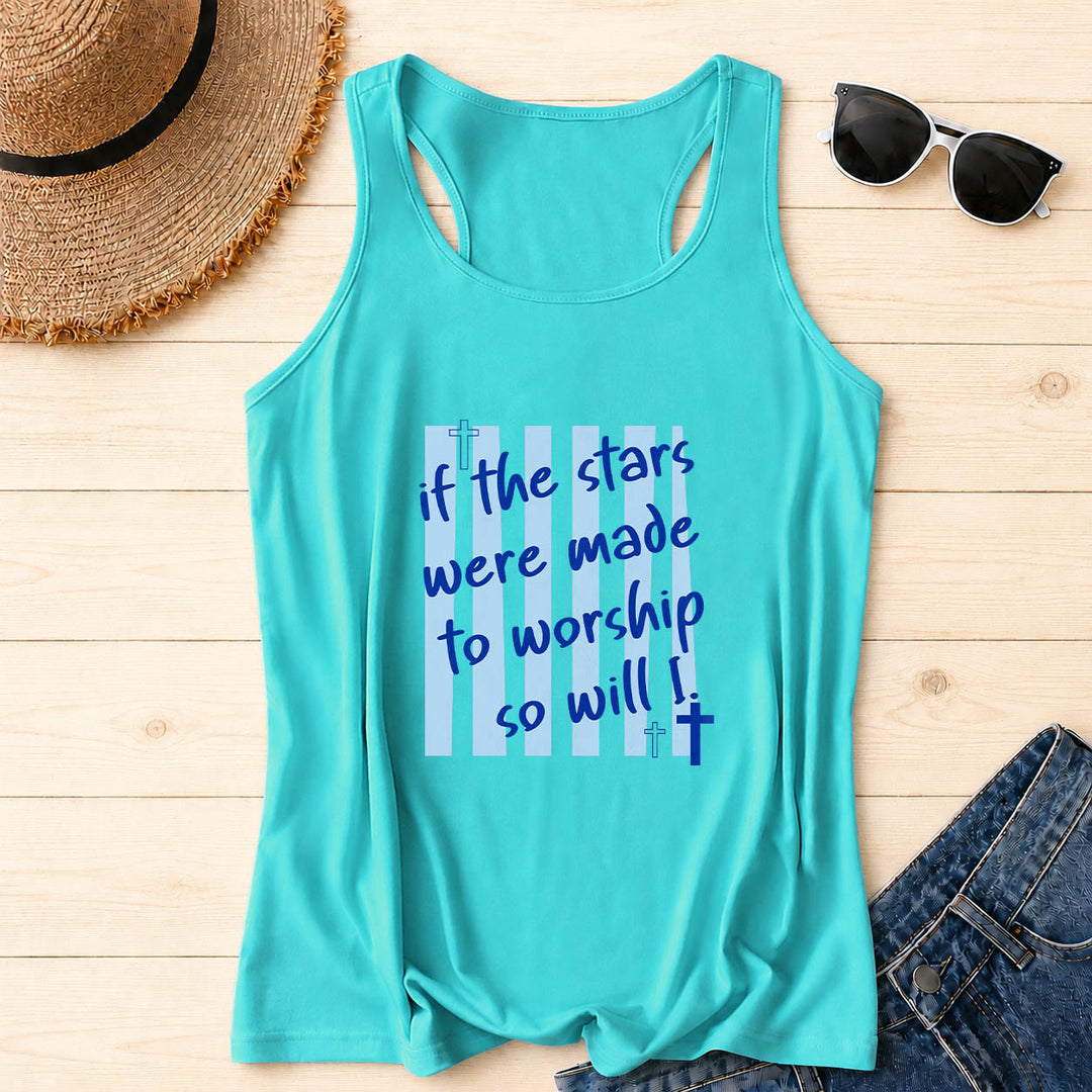 Christianartworkshop If The Stars Were Made To Worship So Will I Striped Background Cross Accent Front Print Racerback Tank Top - Mint - 2XL - image 0