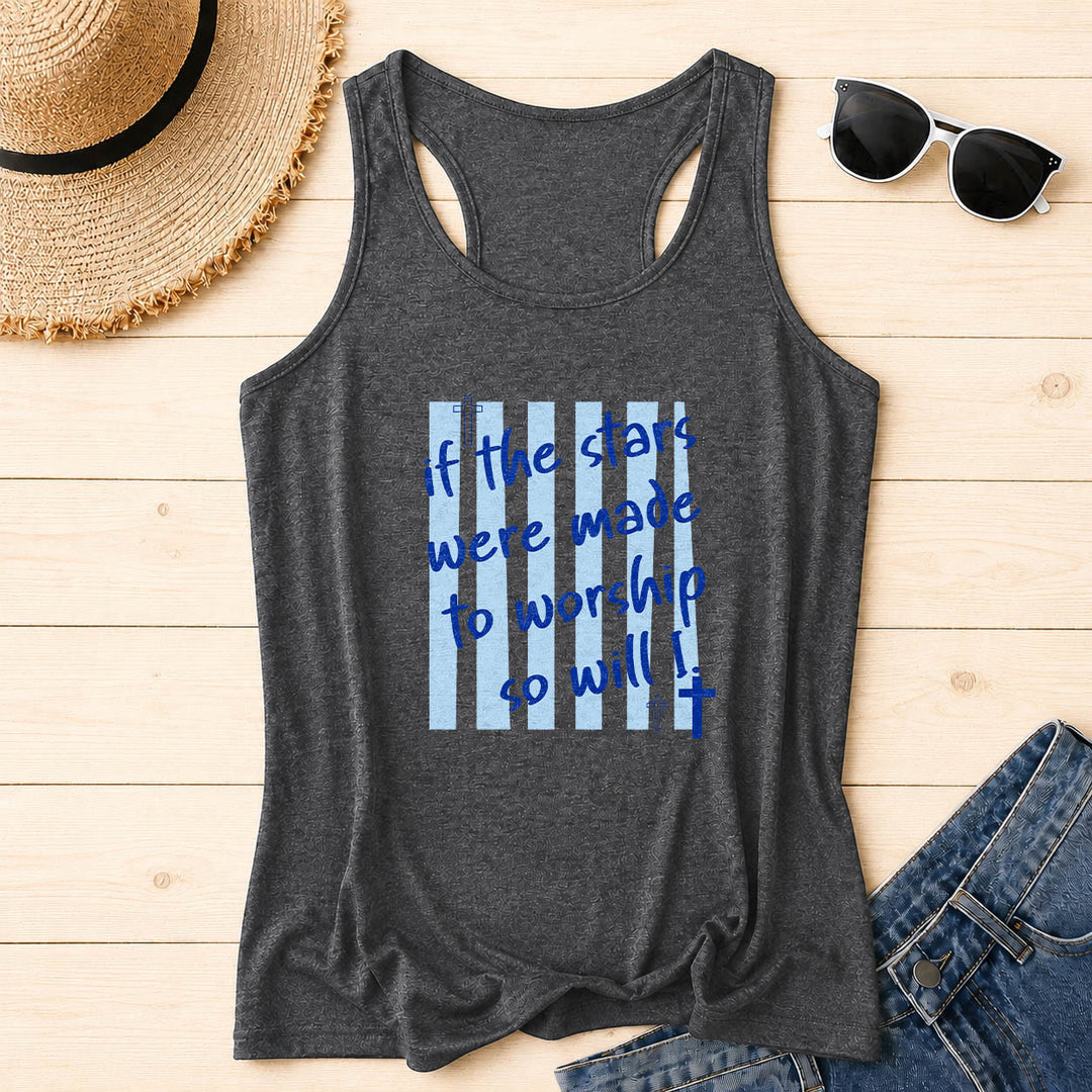 Christianartworkshop If The Stars Were Made To Worship So Will I Striped Background Cross Accent Front Print Racerback Tank Top - Grey - 2XL - image 8