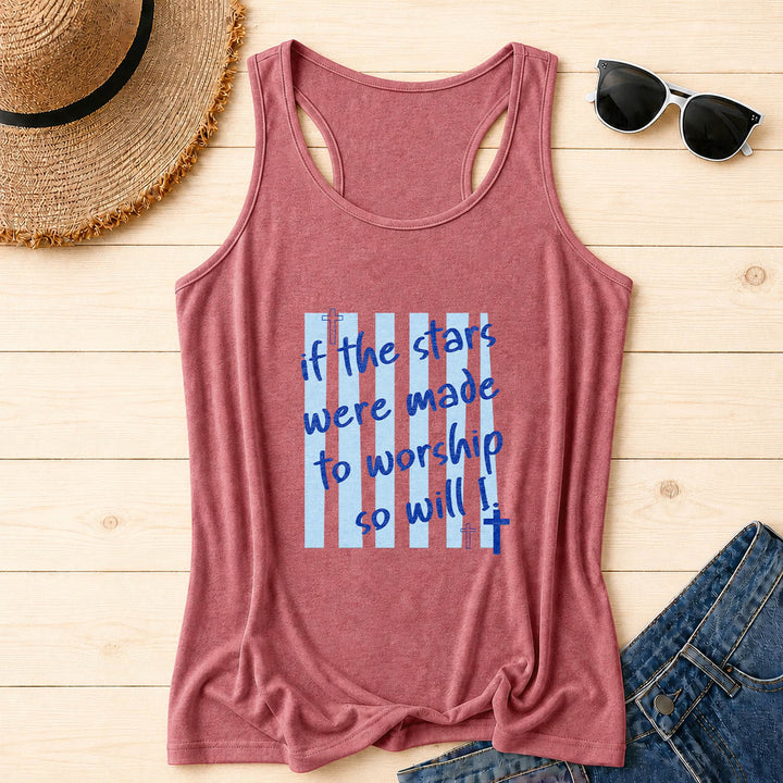 Christianartworkshop If The Stars Were Made To Worship So Will I Striped Background Cross Accent Front Print Racerback Tank Top - Pink - 2XL - image 18