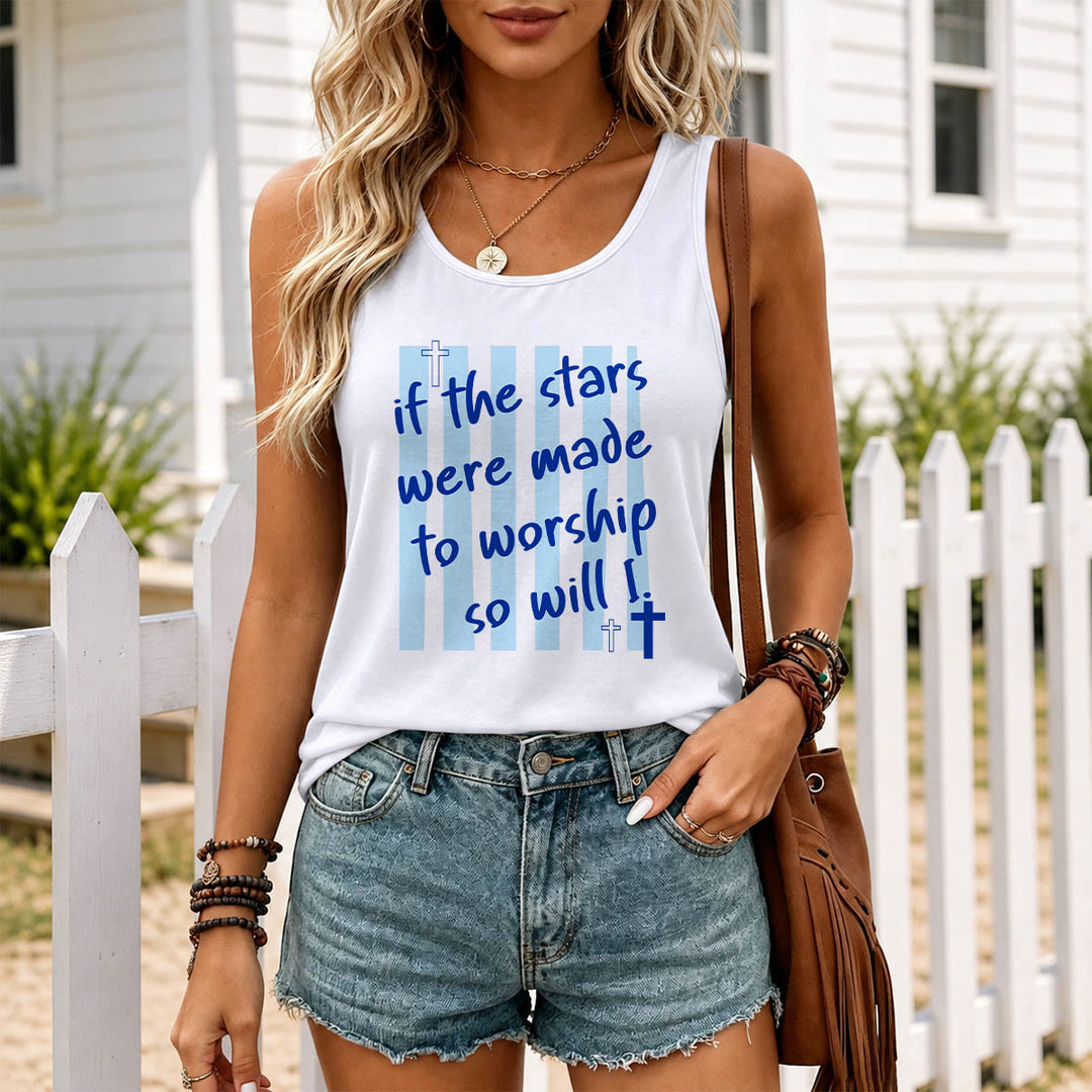 Christianartworkshop If The Stars Were Made To Worship So Will I Striped Background Cross Accent Front Print Racerback Tank Top - image 7