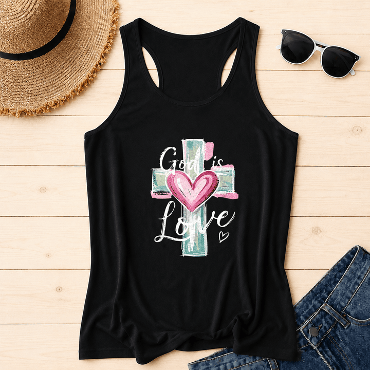 Christianartworkshop God Is Love Watercolor Cross&Heart Hand Drawn Cursive Text Racerback Tank Top - Black - 2XL - image 4