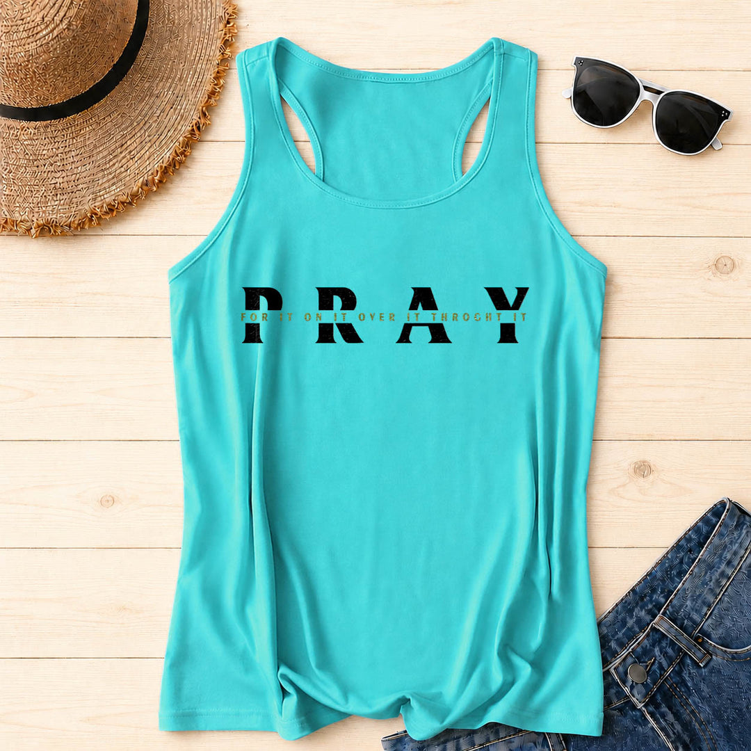 Christianartworkshop Distressed PRAY Overlaid Multi Preposition Phrase Front Print Racerback Tank Top - Mint - 2XL - image 4