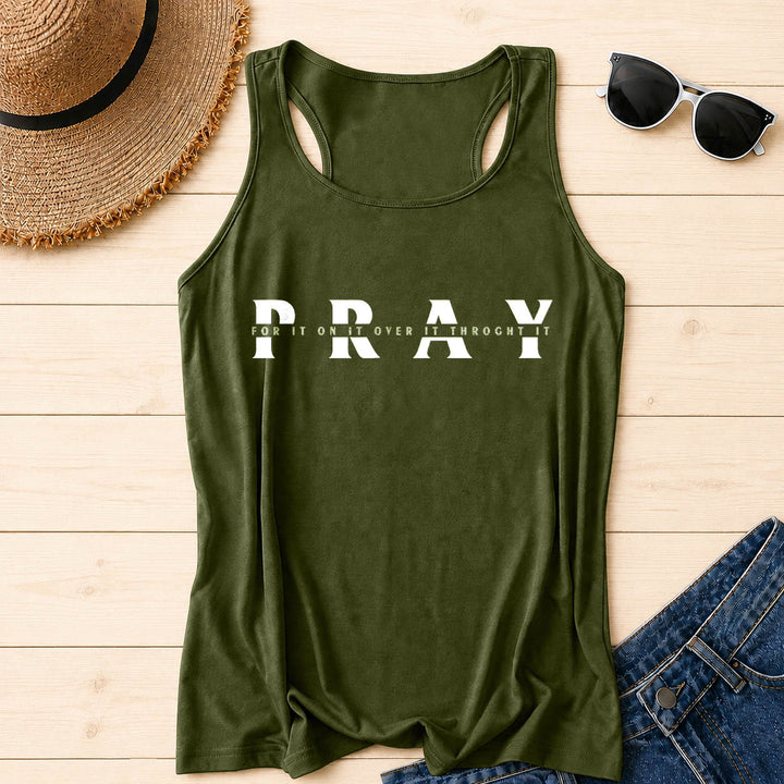 Christianartworkshop Distressed PRAY Overlaid Multi Preposition Phrase Front Print Racerback Tank Top - Army Green - 2XL - image 12