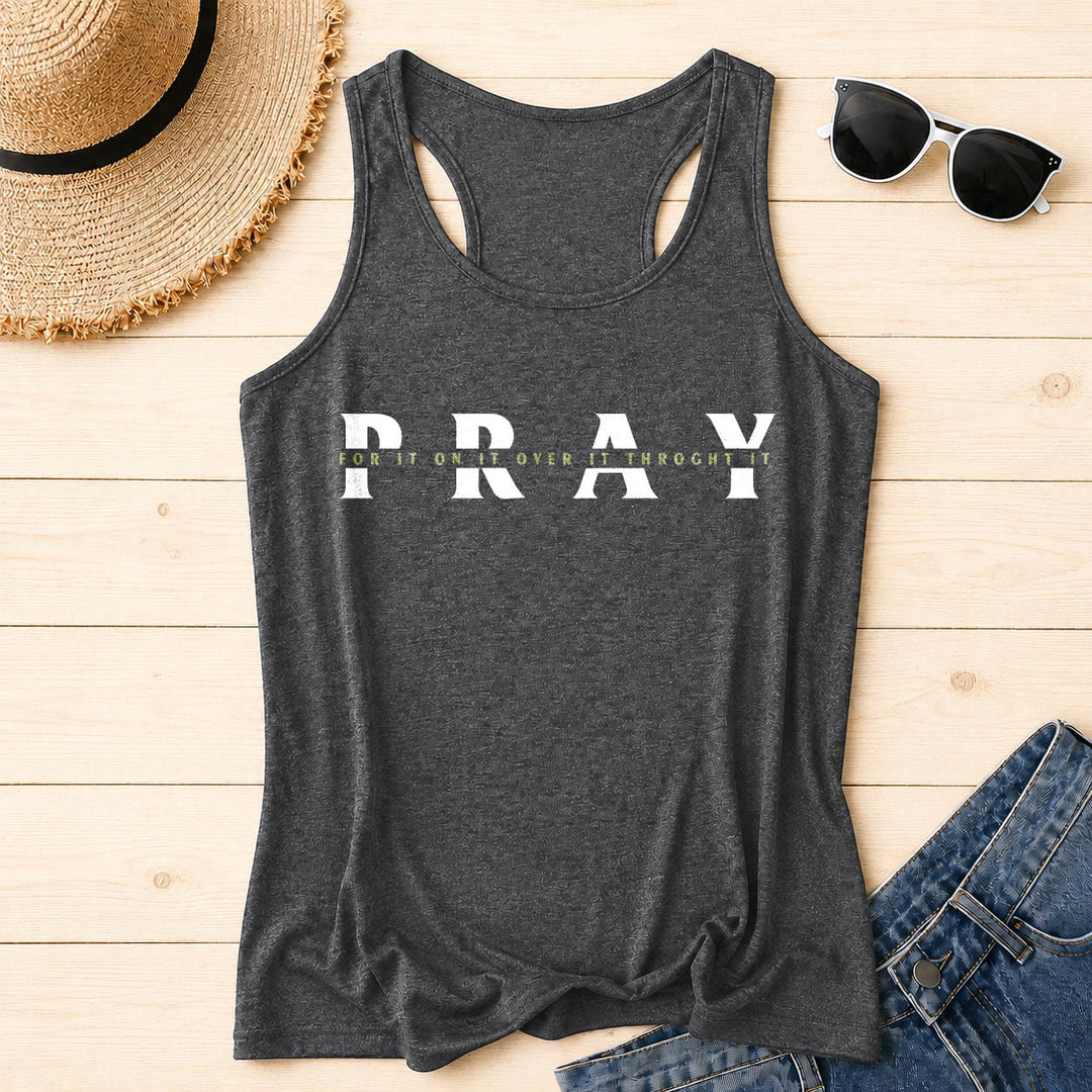 Christianartworkshop Distressed PRAY Overlaid Multi Preposition Phrase Front Print Racerback Tank Top - Grey - 2XL - image 0