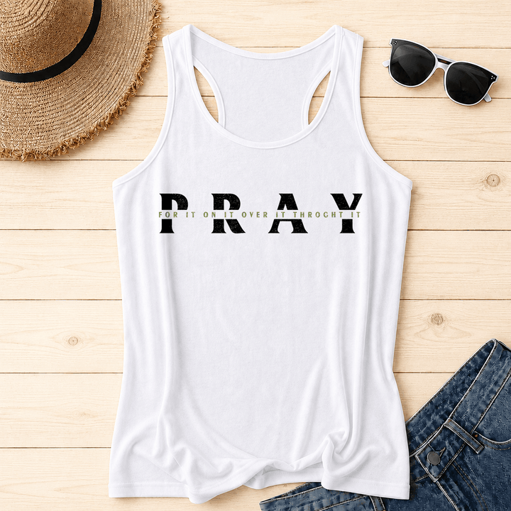 Christianartworkshop Distressed PRAY Overlaid Multi Preposition Phrase Front Print Racerback Tank Top - White - 2XL - image 2
