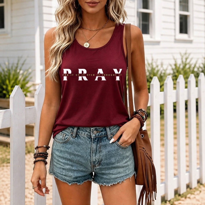 Christianartworkshop Distressed PRAY Overlaid Multi Preposition Phrase Front Print Racerback Tank Top - image 9