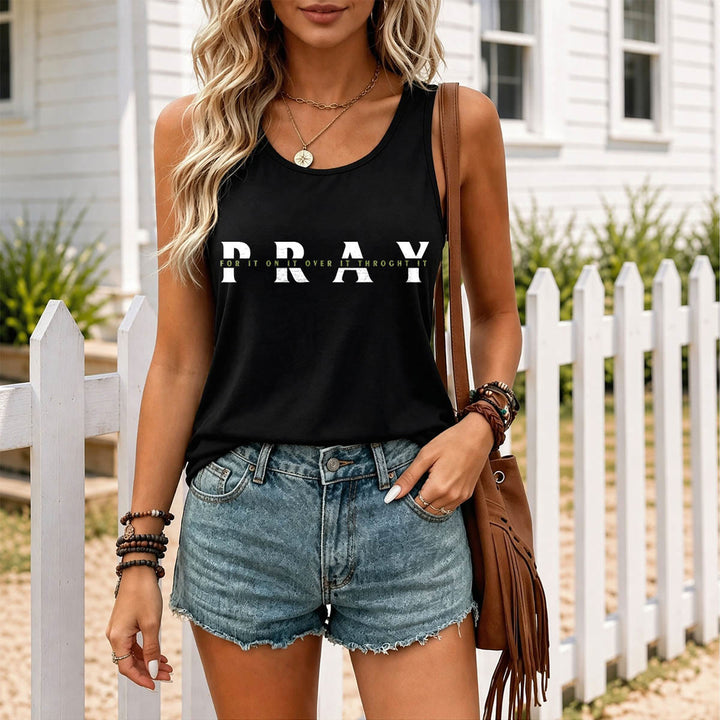 Christianartworkshop Distressed PRAY Overlaid Multi Preposition Phrase Front Print Racerback Tank Top - image 7