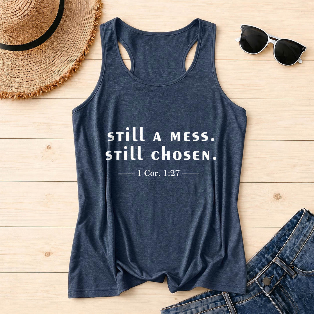 Christianartworkshop Still A Mess Still Chosen Two Line Casual Serif Verse Citation 1 Cor.1:27 Front Print Racerback Tank Top - Navy Blue - 2XL - image 0