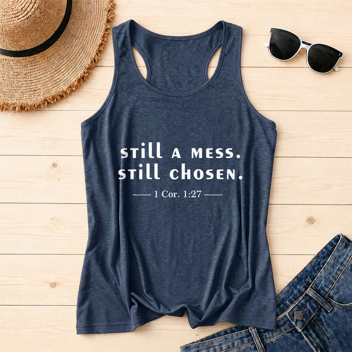 Christianartworkshop Still A Mess Still Chosen Two Line Casual Serif Verse Citation 1 Cor.1:27 Front Print Racerback Tank Top - Navy Blue - 2XL - image 0