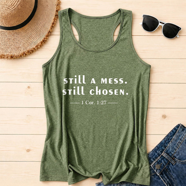 Christianartworkshop Still A Mess Still Chosen Two Line Casual Serif Verse Citation 1 Cor.1:27 Front Print Racerback Tank Top - Olive Green - 2XL - image 16