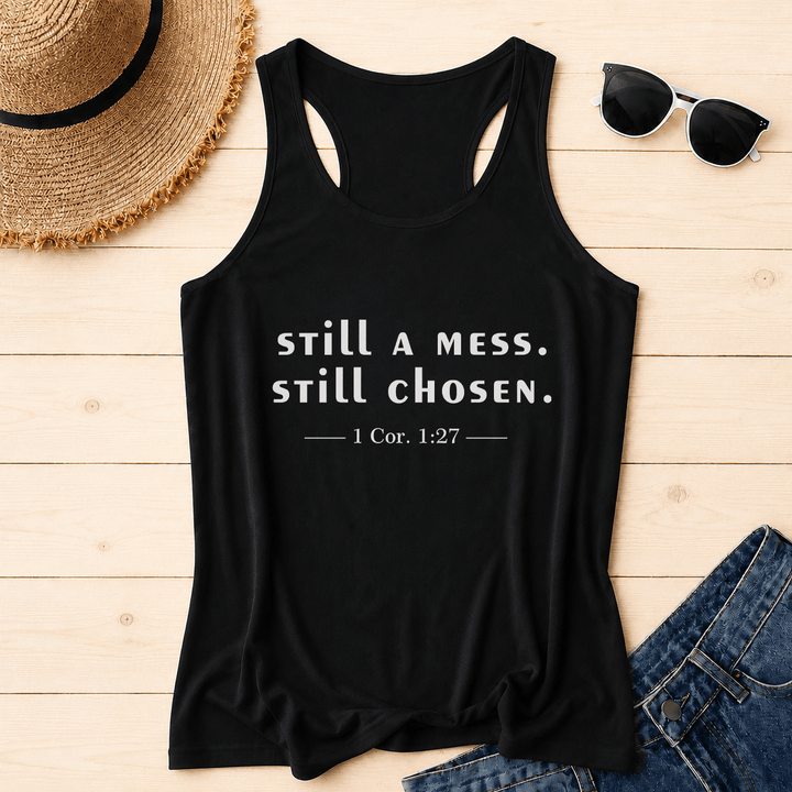 Christianartworkshop Still A Mess Still Chosen Two Line Casual Serif Verse Citation 1 Cor.1:27 Front Print Racerback Tank Top - Black - 2XL - image 8
